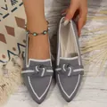 Elegant grey fly-knit pointed-toe flats with decorative knot and color-block trim - Gray