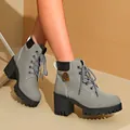 Bottines à lacets grises à plateforme et talons épais au design rétro pour femmes - 35 / Gris