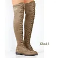 Detail of khaki lace-up over-the-knee flat boots with side zipper for women - 35 / Khaki