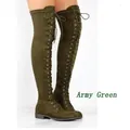 Stylish army green suede lace-up over-the-knee flat boots shown on a model leg profile - 35 / Green