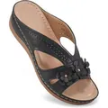 Sandales compensées noires confortables pour femmes avec fleurs et design à bout ouvert - 36 / Noir