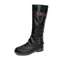 Women's black tall square heel knight boots with decorative side belt buckle - 43 / Black