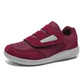 Maroon fly-knit walking shoe with velcro strap and wide toe box on white background - 35 / Wine Red