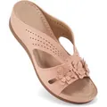 Sandales compensées roses confortables pour femmes avec fleurs décoratives et bout ouvert - 36 / Rose