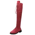 Stivali cuissard in pelle scamosciata rossa con lacci da donna con punta arrotondata - Rosso rosa