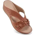 Women's brown wedge platform sandals featuring elegant floral accents and laser-cut details. - Dark Brown