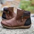Bottines en cuir marron pour femmes avec double fermeture éclair et talon plat - Marron