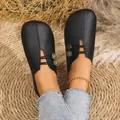 Women's black soft leather flat slip-on casual shoes with decorative metal buttons - 36 / Casual Flat Shoes (006) / Black
