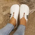 Women's white round-toe flat loafers in soft leather with decorative button straps. - 36 / Casual Flat Shoes (006) / White