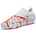 Close-up of white soccer cleats with colorful patterns and knit collar detail - 36 / White Orange Cleats