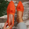 Stylish vibrant orange pointed-toe knit flat loafers for women featuring decorative knot detail - Orange Red