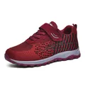 Wine red fly-knit walking shoe with breathable mesh and velcro strap for seniors. - 35 / Jujube Red