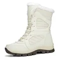 Women's cream high-top snow boots with white fur lining and rugged brown rubber sole - 36 / White