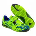 Chaussures de football enfant vert citron avec motif de feuilles bleues et scratch - Chaussures Turf Vertes