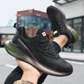 Men's black lightweight mesh running shoes with cushioned translucent green sole - Leather Black Green (6602)
