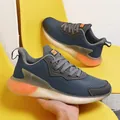 Breathable navy blue mesh running shoes for men featuring lightweight popcorn cushioning soles - Leather Grey Orange (6602)