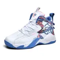 White high-top basketball shoes with colorful graphic patterns and warm lining - 35 / White Blue Single Lining
