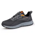 Men's grey breathable fly-knit mesh running sports shoes with vibrant orange accents - 38 / Dark Gray