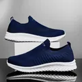 Breathable navy blue flyknit slip-on sneakers for men and women sports running shoe - 35 / Dark Blue