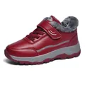 Red winter walking shoes for elderly with warm grey fur lining and secure velcro strap closure. - 35 / Fleece Lined Style / Burgundy