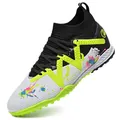 Vibrant high-top children's soccer shoes with green TF turf sole and colorful splatters. - White Turf