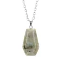 Macro view of coffin-shaped natural labradorite pendant on a silver-tone chain. - Flash Stone (Labradorite)