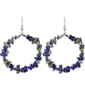 Macro detail of handmade circular hoop earrings with natural blue and grey stone chips. - Lapis Lazuli