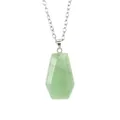 Detailed macro view of a natural green crystal stone coffin pendant on a silver chain - Green Aventurine