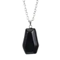 Detailed view of a mini black natural crystal stone coffin pendant on silver chain. - Obsidian