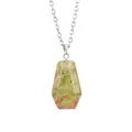 Detail shot of a natural unakite stone coffin pendant on a silver-tone chain necklace. - Unakite
