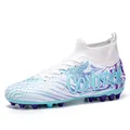 Botas de fútbol blancas y azules con parte superior de malla Flyknit para niños y jóvenes - 34 / Blanco (Tacos Largos)