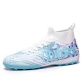 White and blue high-top fly-knit soccer shoes with TF studs for artificial turf - 32 / White (Turf)