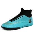 High-top turquoise soccer shoes for youth with turf studs and black sock collar. - 36 / Flat Studs Style (TF) / Tiffany Green