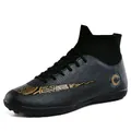 High-top soccer shoes with durable leather and stylish gold pattern designs - 36 / Flat Sole Style (TF/IC) / Black