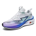 White lightweight mesh running shoes with blue purple gradient sole and carbon plate design - Standard Blue