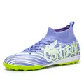 Purple flyknit mid-top soccer shoes with lime green TF turf sole and control print - 32 / Purple (Turf Spikes)