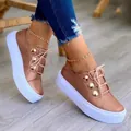 Stylish rose gold women platform loafers with decorative gold buttons and white thick sole - 35 / Rose Gold