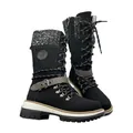 Close-up of black mid-calf winter boots featuring a knitted wool collar and buckle strap - 35 / Black