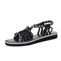 Vista detallada de sandalias planas bohemias de cuerda tejida para mujer, estilo playa - Beige