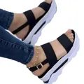 Detail of women's black and white platform wedge sandals with adjustable strap - Black