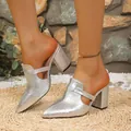 Elegant silver crinkled pointed-toe mules with stable block heel and side cutouts design - 36 / Silver