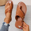 Casual women's brown leather toe-ring flat sandals perfect for summer beach and daily wear - 36 / Tan