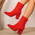 Vibrant red suede ankle boots with chunky mid-heels and pointed toes for women - 36 / Red