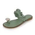 Detail view of green flat toe-ring sandal with ruffle strap and pearl pineapple decor - 35 / Green