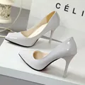 Elegant grey patent leather pointed toe stiletto pumps for professional and party wear - Gray