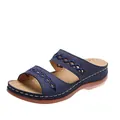 Vintage navy wedge peep-toe sandal featuring elegant embroidery and white stitching - 36 / Dark Blue