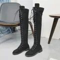 Stylish black over-the-knee lace-up boots with side zipper and round toe design - 35 / Black