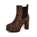 Stivaletti con zeppa e stampa leopardata, tacco alto largo e punta tonda alla moda. - 35 / Stampa leopardata