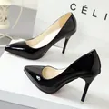 Elegant black patent leather pointed-toe stiletto pumps with high heels for women - 34 / Black