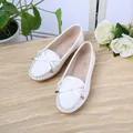 Weiße Leder-Loafer mit Schleife für Damen, bequeme flache Pflegeschuhe für den Alltag - 35 / Weiß